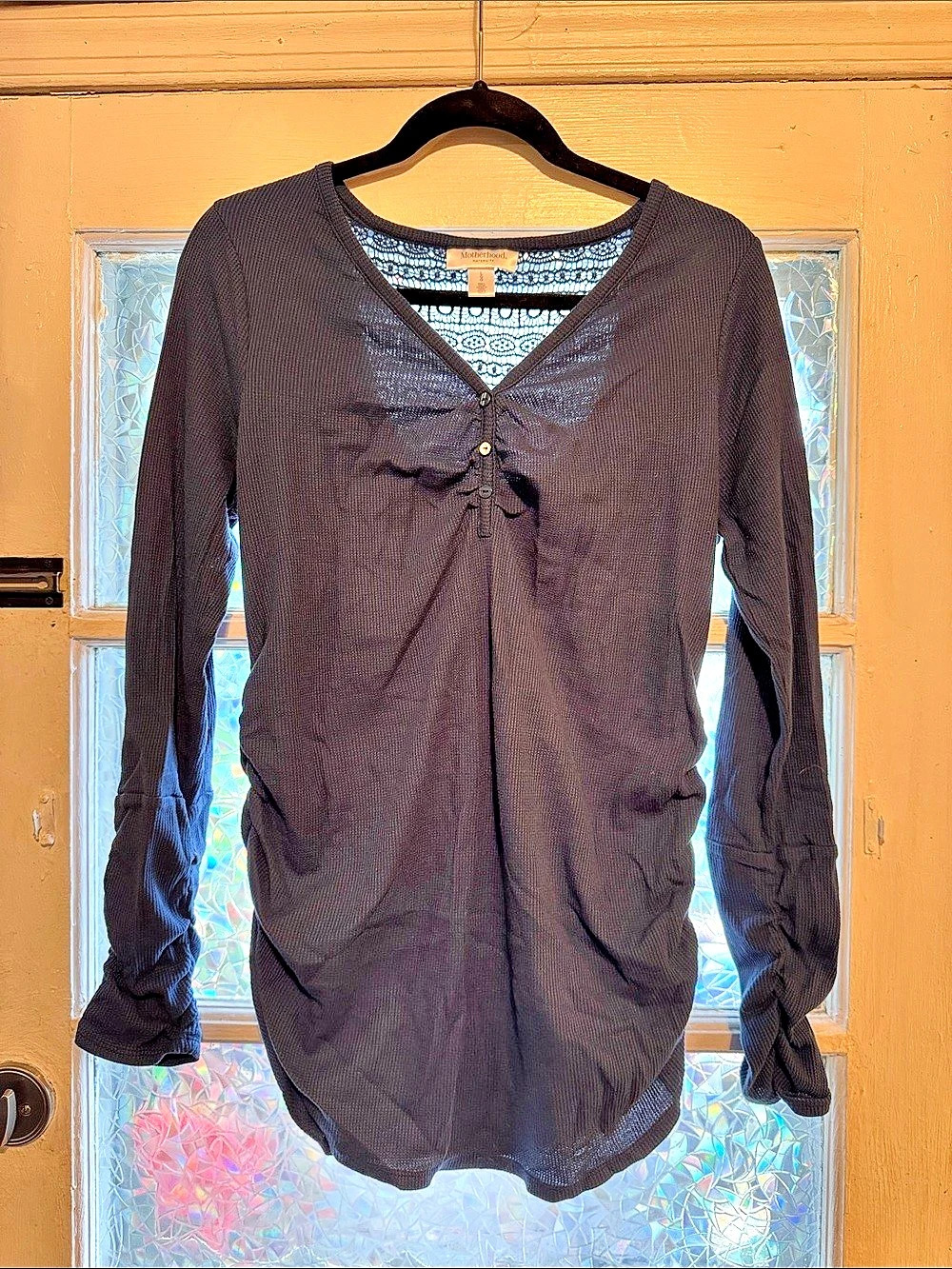 Motherhood Maternity Long Sleeve Side Ruched Henley Maternity Top Blue Large